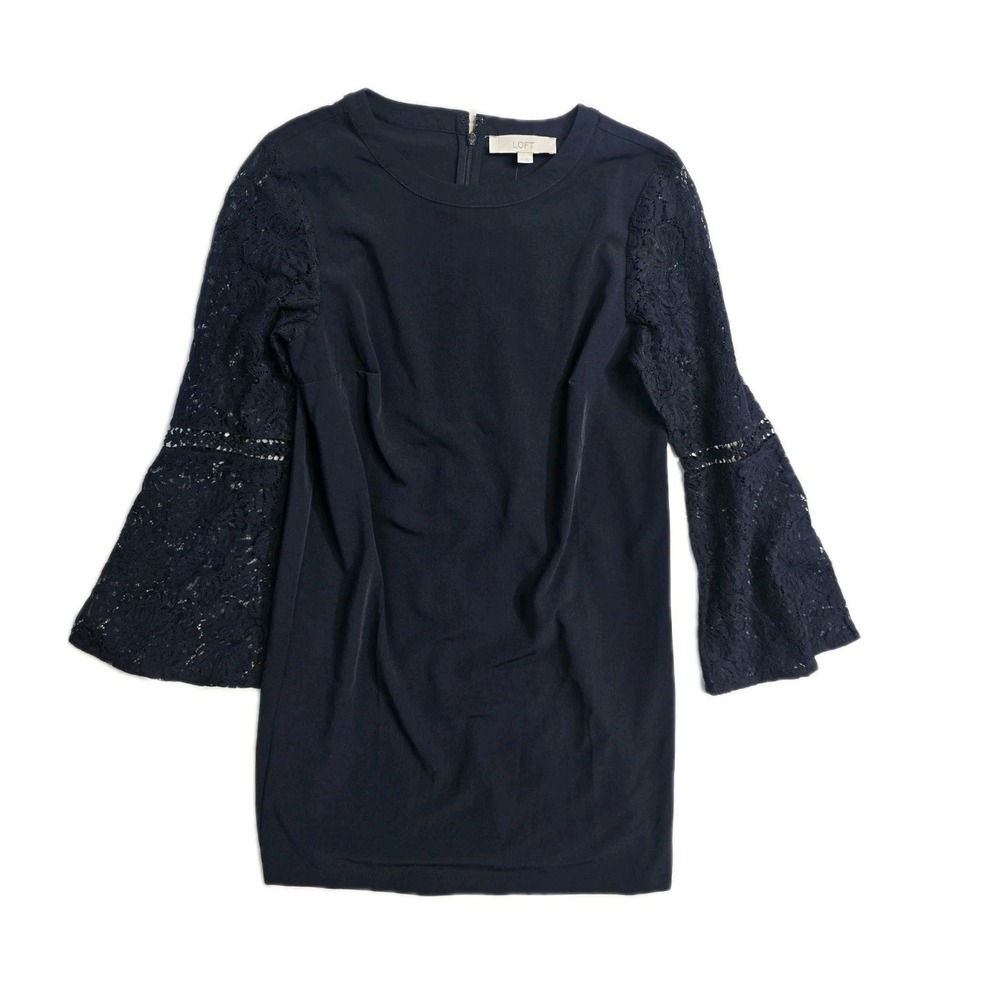 LOFT Navy Blue Shift Dress Lace Bell Sleeve Fancy  Size 2